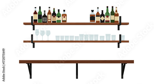 Minimalist Bar Setup with Shelves Displaying Bottles and Glasses Illustration