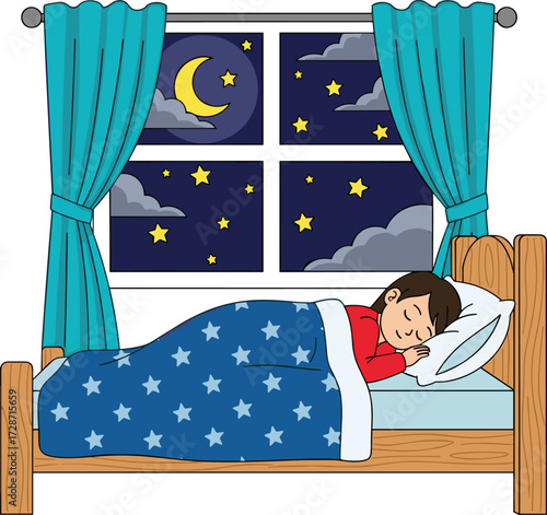 Cartoon child sleeping peacefully in cozy bed at night, moon and stars shining through window, bedtime illustration with blanket and pillow