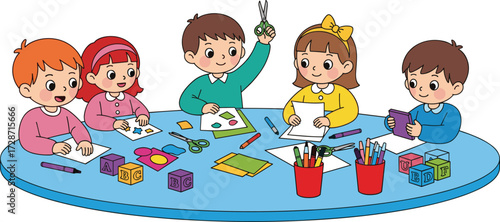 Cartoon children doing classroom arts and crafts activity, kids cutting paper shapes, preschool education, teamwork, creativity, school learning, fun pla