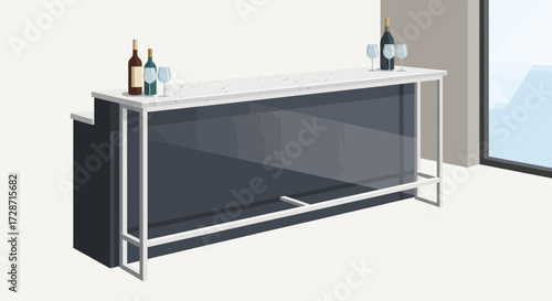 Minimalist bar with bottles and glasses against a modern backdrop