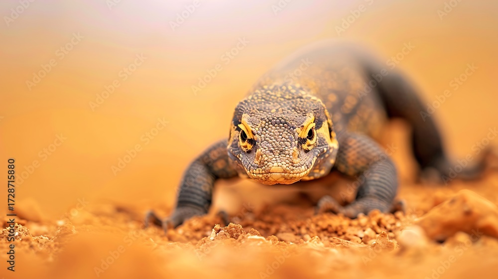 Obraz premium A komodo dragon lizard crawls across the sandy ground in its natural habitat