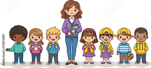 Cartoon teacher standing with diverse group of happy school children, kids holding books and backpacks, education, learning, classroom vector illustration