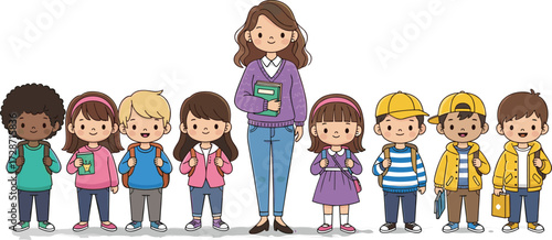 Cartoon teacher standing with diverse group of happy school children, kids wearing backpacks, classroom education learning concept, vector illustration