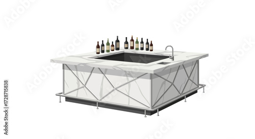 Modern bar counter with wine bottles, marble top and stainless steel accents