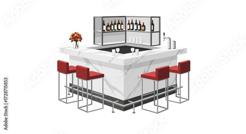 Modern bar interior with red stools and marble counter, vector illustration