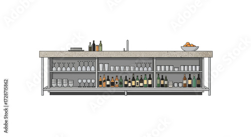 Modern bar illustration showcasing glassware, bottles, and accessories