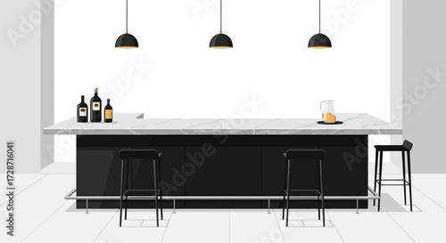 Modern indoor bar area with marble countertop and stylish black furniture