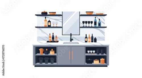 Modern kitchen interior illustration with sink, shelves and decoration