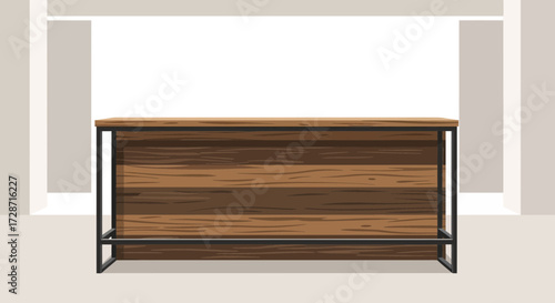 Modern minimalist wooden counter with a dark metal frame in a bright space