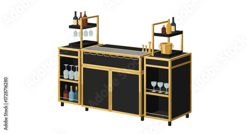 Modern portable bar unit, black and golden, with drinks and glassware