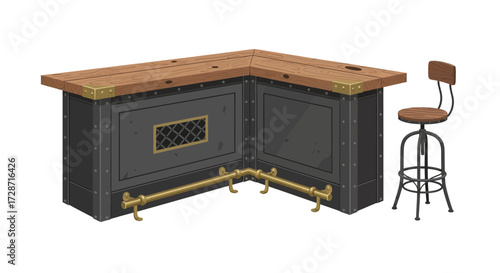 Retro designed bar counter with a wooden top and vintage metal stool