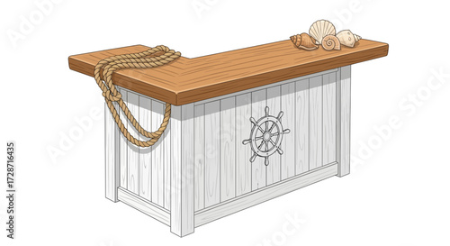Nautical themed counter with seashells and a ship's wheel carving design