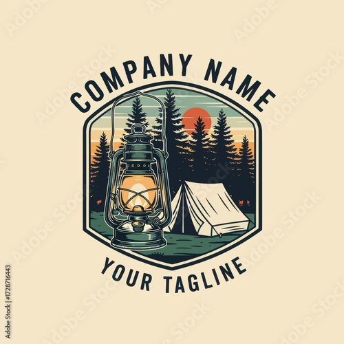 Camping Emblem with Illuminated Lantern, Pine Trees, Tent, and Sunset for Outdoor Adventures and Wilderness Exploration, Flat Vector Elements, Vector Illustration, Simple Vector, Stylized Vector