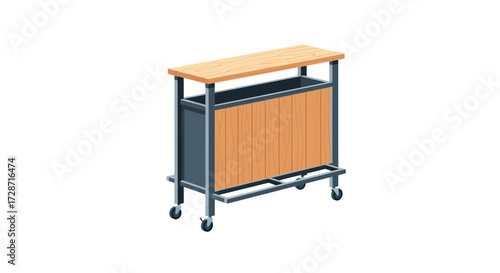 Rolling wooden serving cart on wheels isolated on white backdrop