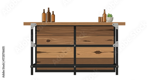 Rustic wooden bar counter illustration with brown bottles and plant decor