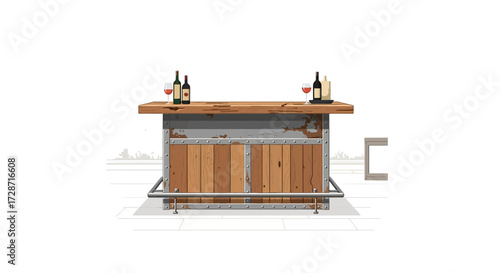 Rustic wine bar setup with bottles and glasses in isolated environment
