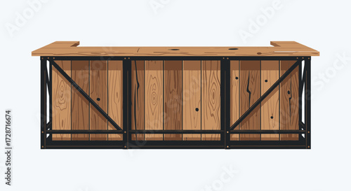 Rustic wooden bar counter with industrial metal frame illustration