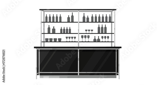Sleek minimal bar stand with wine and glass display on multiple shelves