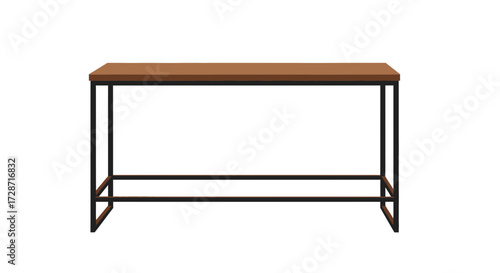Sleek minimalist console table with a brown top and black metal frame