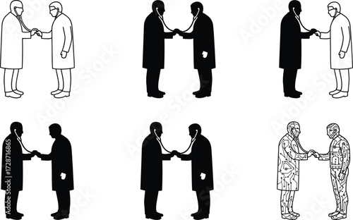 Medical vector illustration of two doctors shaking hands with stethoscope, teamwork, healthcare cooperation, hospital partnership, agreement, and professional support.