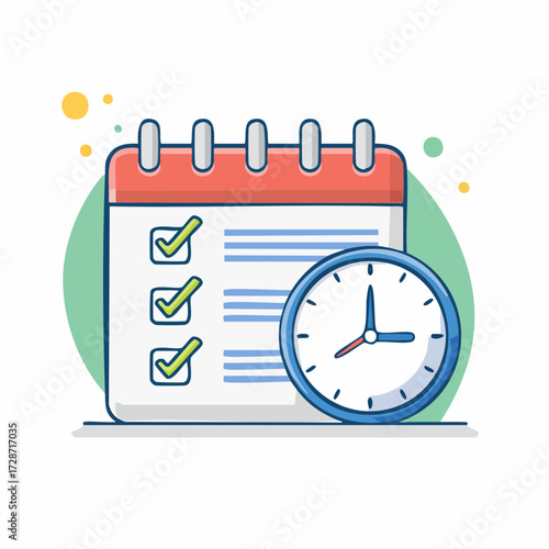 A cartoon illustration of a schedule planner with a checklist and a clock, symbolizing time management and productivity.