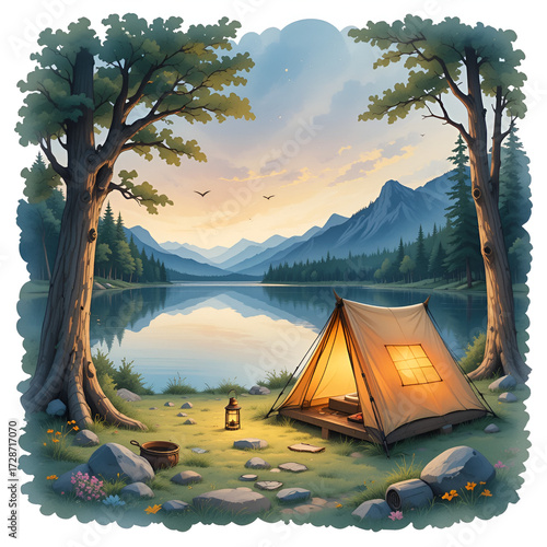 Dreamy watercolor depicting a peaceful camping setup with a tent and lantern by a serene lake  surrounded by a lush  natural landscape