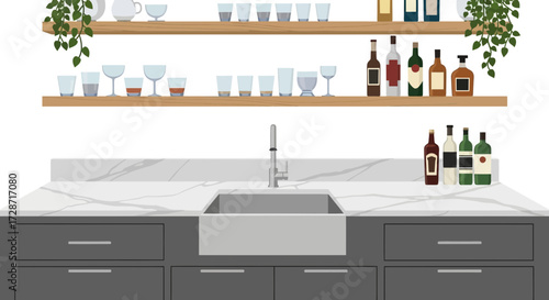 Stylish Bar Area with Sink, Cabinets, Shelves, and various Beverage Bottles