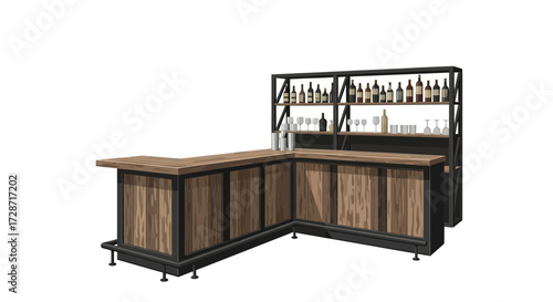 Stylish bar setup with wooden counter and shelving displaying glassware