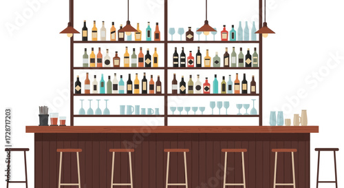 Stylish cartoon illustration of a well-stocked bar with wooden counter