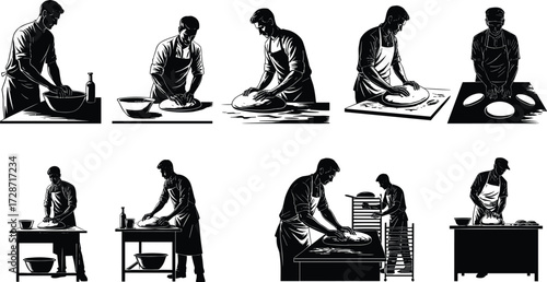 Professional baker silhouette illustration showing dough kneading, bread preparation, and baking process with artisan chef working in kitchen interior.