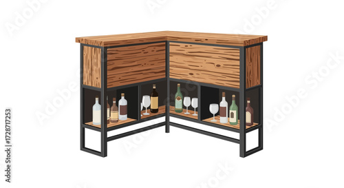 Stylish corner bar with wooden shelves and metallic frame illustration
