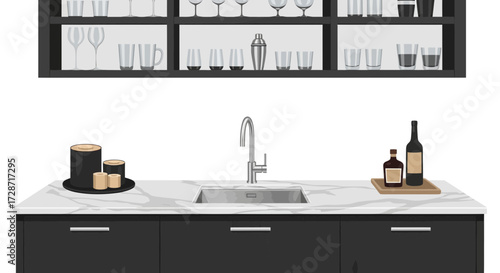 Stylish home bar setup with modern design and elegant barware display