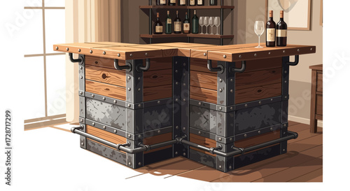 Stylish industrial bar unit illustration with wine bottles and glasses