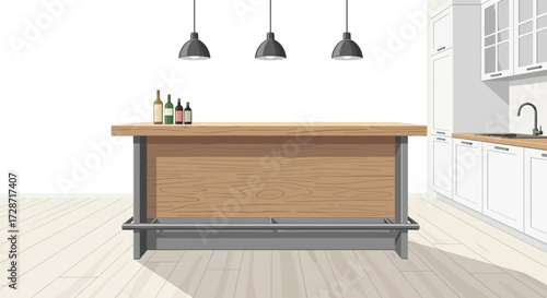 Stylish kitchen with an island bar setup featuring modern pendant lighting