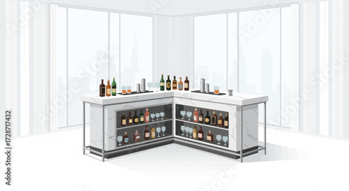 Stylish marble bar counter with various bottles and glassware, white background