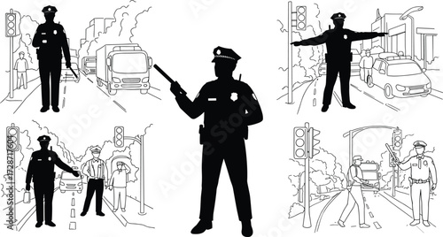 Silhouette and line art vector illustration of traffic police officer controlling vehicles, managing road safety, directing pedestrians, transportation enforcement.