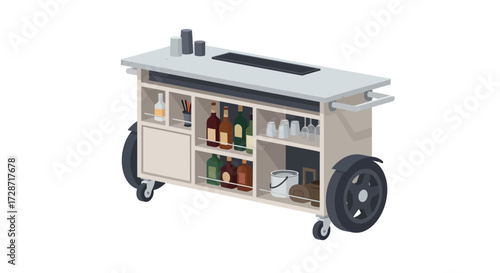 Stylized bar cart illustration with drinks and glasses on a white background