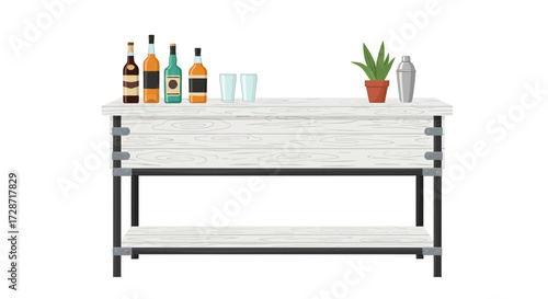 Stylized illustration of a rustic bar with various spirits and glassware