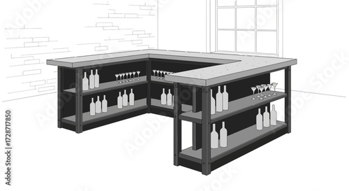 Stylized illustration of a U-shaped bar structure with bottles and glasses