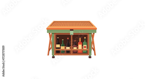 Stylized illustration of a wooden bar cabinet with various wine bottles