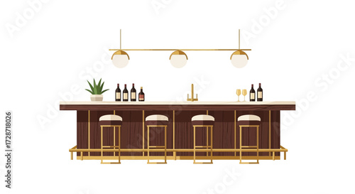 Stylized interior illustration showcasing a bar with stools and drinks
