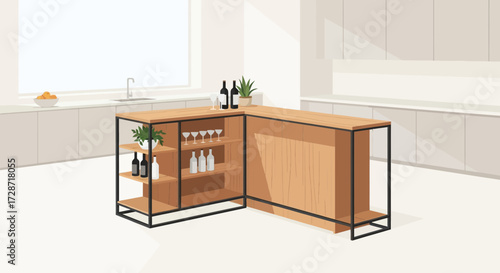 Stylized interior kitchen featuring minimalist design and beverage display