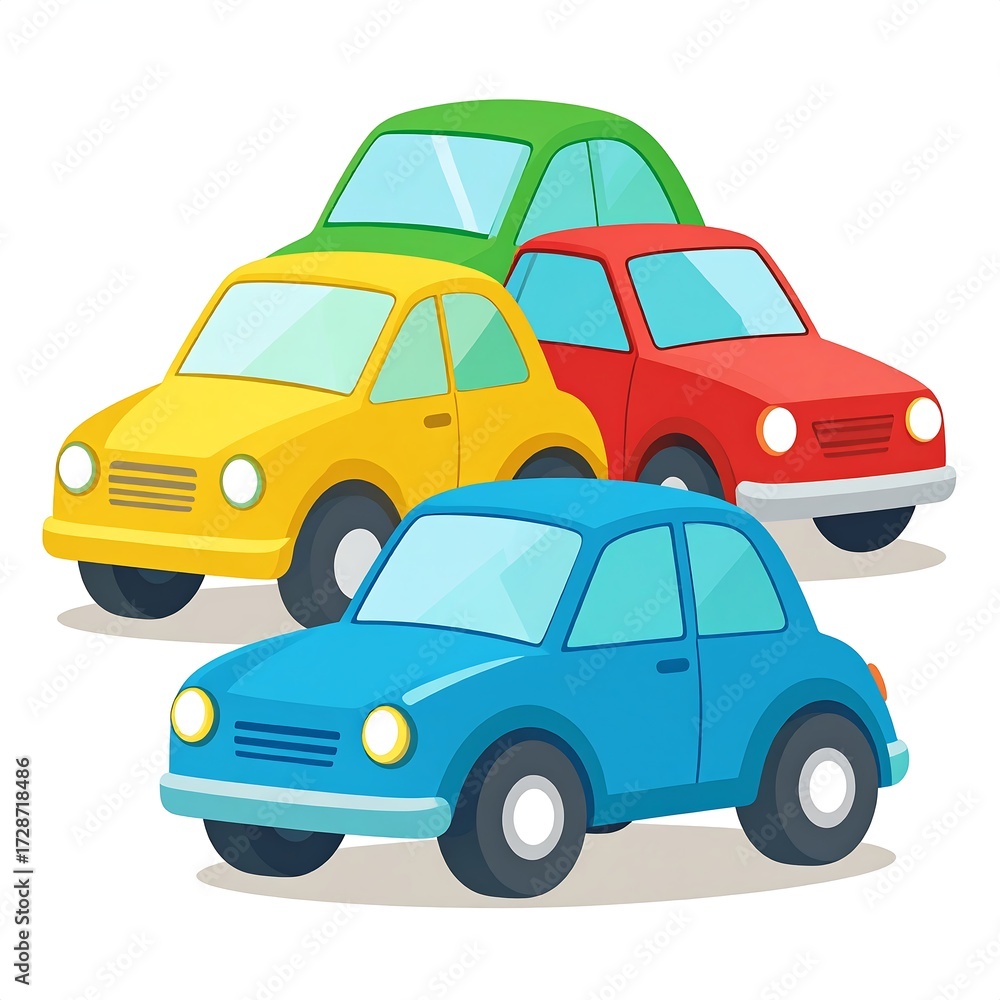 Obraz premium Four colorful cartoon cars in various shades of red, yellow, green, and blue
