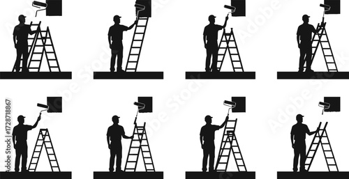 Silhouette illustration of construction painter standing with roller brush and ladder painting wall, home renovation worker, house repair decoration scene.