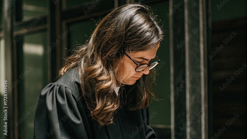 Fototapeta premium Thoughtful judge reviewing case details outside courtroom