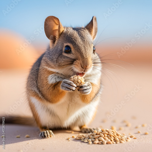 A playful desert rodent nibbling on a seed, its tiny paws grasping the food, set against a soft pastel background