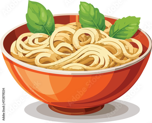 A delicious bowl of hot noodles or spaghetti, garnished with fresh basil. An isolated vector illustration of an Asian or Italian meal. Generative AI