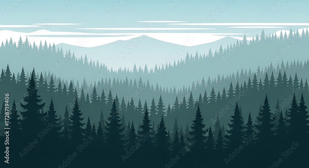 Obraz premium Misty Mountain Forest Landscape with Evergreen Trees.