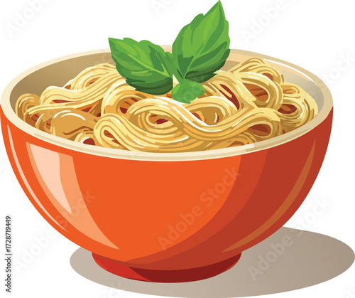 A bowl of freshly cooked spaghetti or noodles with a basil garnish. A simple vector icon for Italian or Asian food concepts. Generative AI