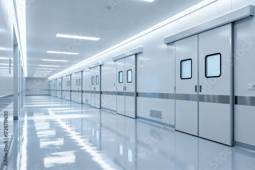 Modern sterile corridor with white doors and reflective flooring in a clinical or laboratory facility